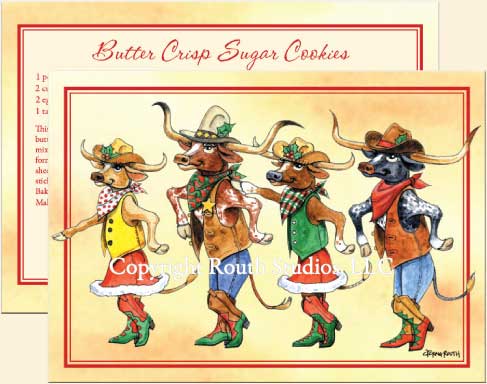 Texas Christmas holiday Cards, card with longhorn line dancers